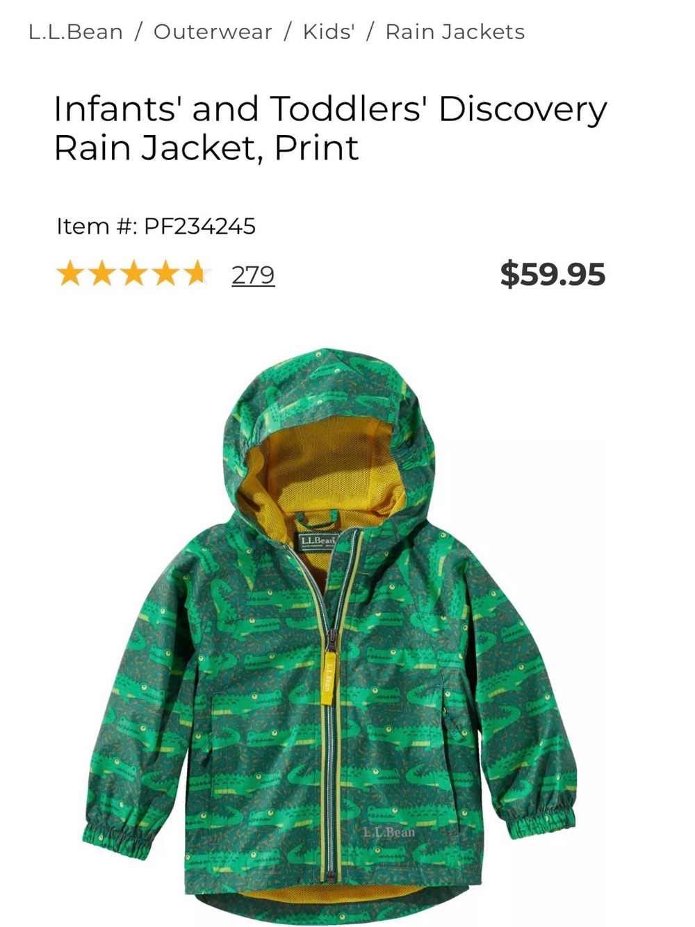 L.L.Bean Green Alligator-Print' Rain Jacket with Yellow - never worn